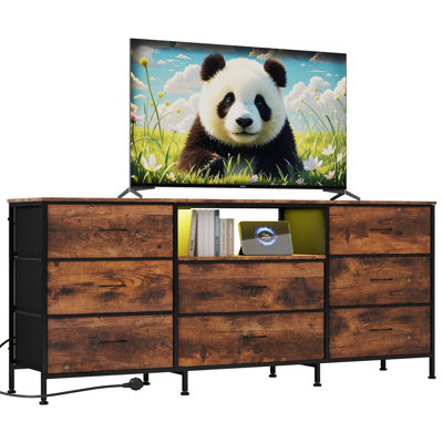  Modern Brown LED TV Stand Dresser with 8 Fabric Drawers - Steel Frame Media Console with Charging Station - Fits 65/70/75 Inch TVs - Bedroom & Living Room Storage Cabinet, Brown