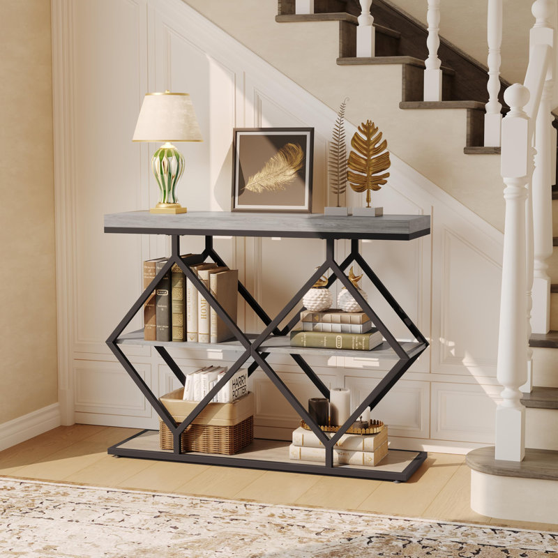 Table d'entrée de 39 pouces - Console étroite à 3 niveaux avec rangement ouvert, pieds réglables, structure en métal en forme de losange, table d'appoint industrielle pour vestibule, vestibule, couloir