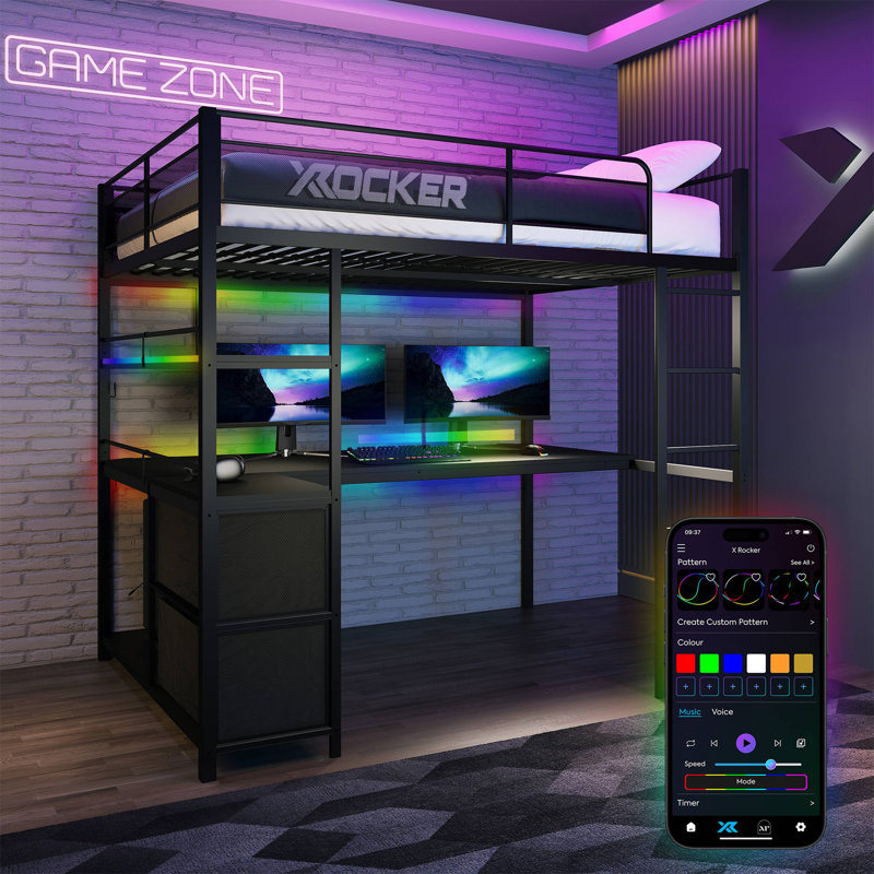 X Rocker Battlebunk XL RGB LED Double High Sleeper Gaming Bunk Bed with Desk - Black