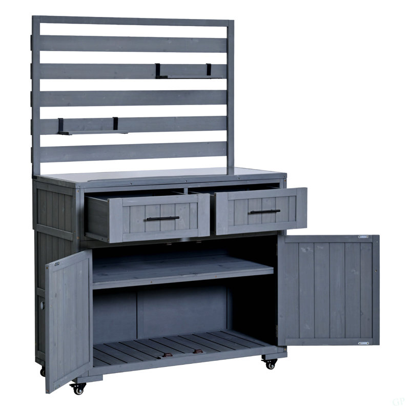64.9'' H Large Patio Kitchen Island Solid Wood Kitchen Cart, Grill Prep BBQ Table, Garden Potting Bench With Stainless Table Top, 3 Movable Shelves And 2 Drawers