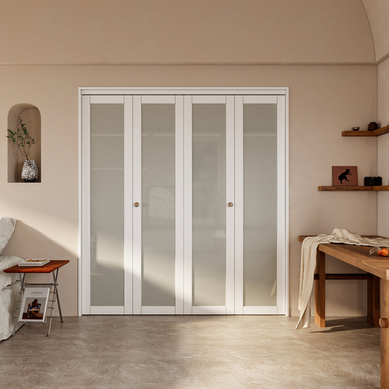 Double 1-Lite Glass Door Solid Manufactured Wood Bi-Fold Door With Installation Hardware Kit(Closet,Pantry), 72" x 80"