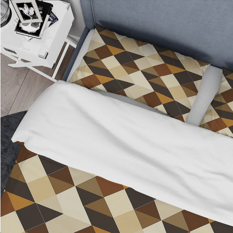 Ensemble de housse de couette moderne à motif de triangles brun et beige I, Housse de couette pour grand lit et 2 taies décor