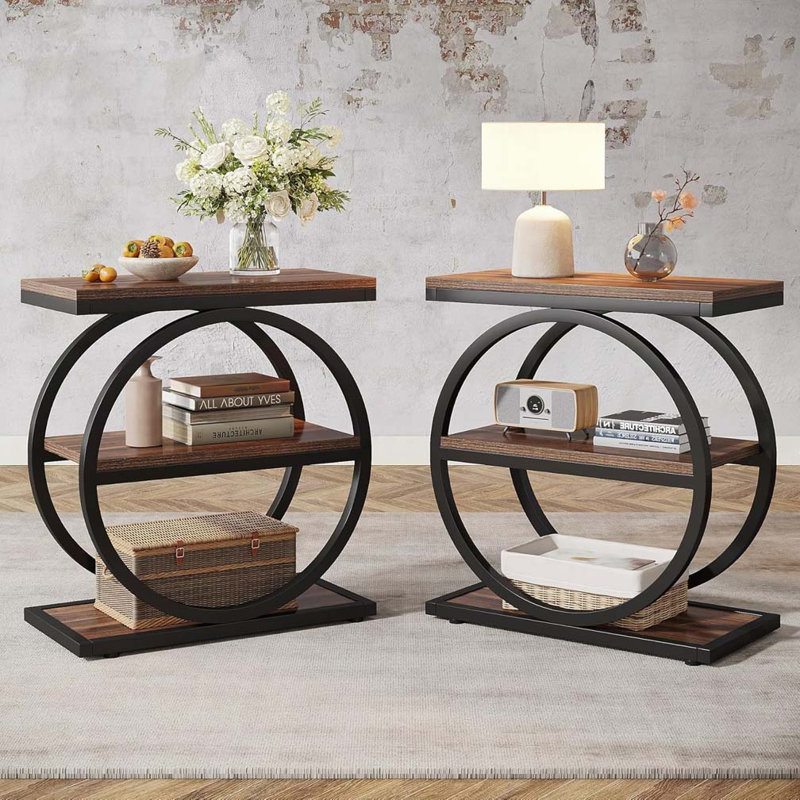 Ensemble de 2 tables de bout, table de bout étroite avec 3 tablettes de rangement, table d'appoint en bois, petite table d'appoint industrielle pour le salon, table de chevet mince et table de chevet pour la chambre à coucher