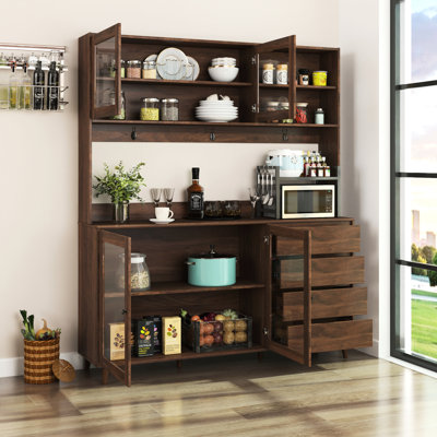 Armoire moderne de rangement pour garde-manger à 4 portes, tiroir et four à micro-ondes de 63 po de largeur en noyer pour la cuisine, le garage et le bureau