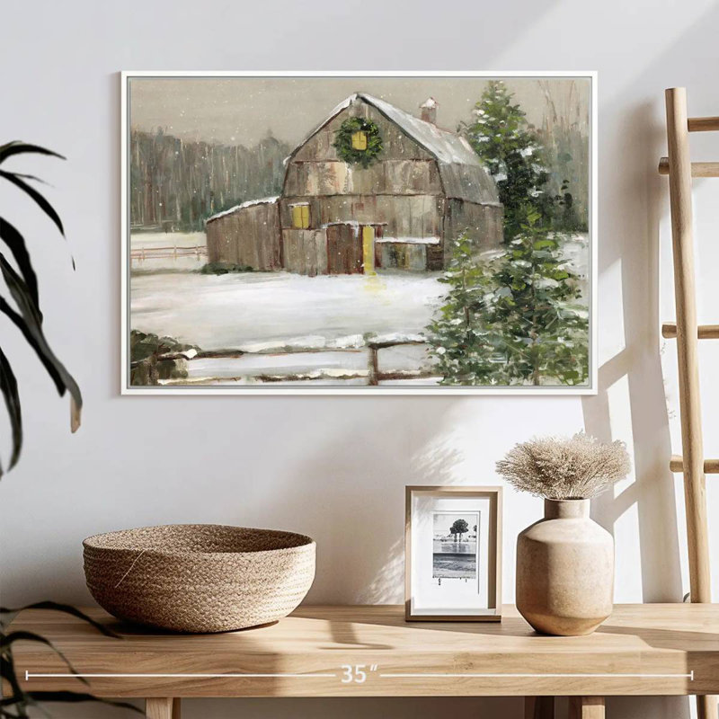 Grange enneigée, 25 po x 17 po, Cadre flottant blanc