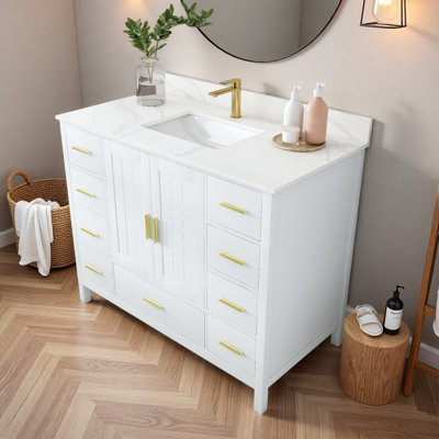 Meuble-lavabo moderne en bois massif avec lavabo, comptoir en quartz blanc Carrara de 43 po avec 1 trou de robinet pré-percé, 2 portes doubles à fermeture douce et 9 tiroirs spacieux avec glissières