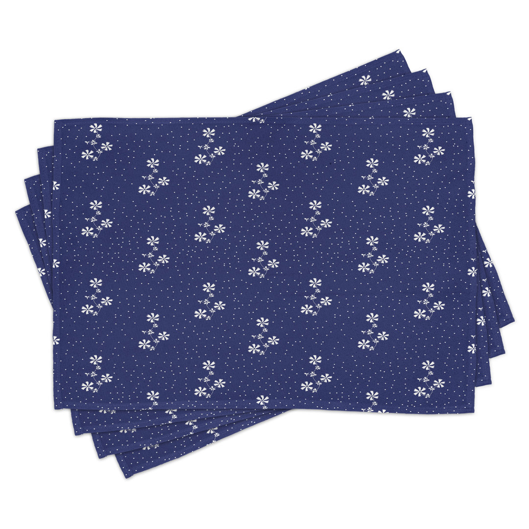 Platzdeckchen 4er-Set, Blumenmuster und Punkte, marineblau und weiß