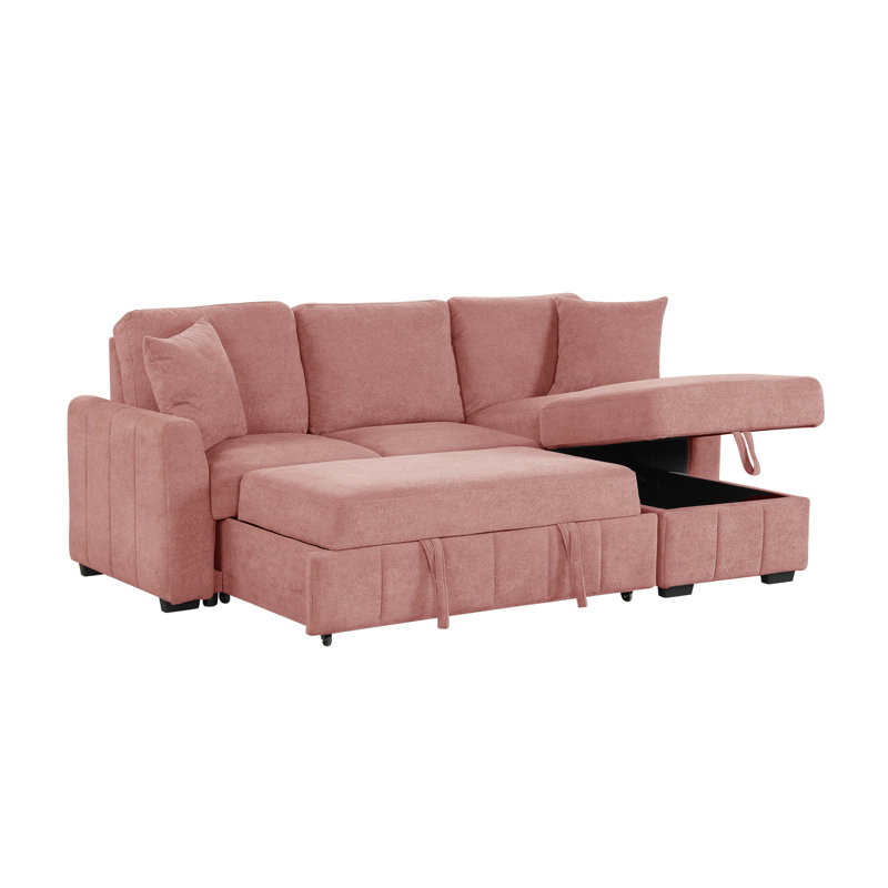 90" W Sectional Sofa Sleeper With Storage Chaise, Pink Polyester