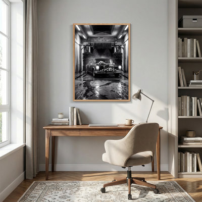Mercedes Wedding Car in Car Wash Black and White Canvas Wall Art