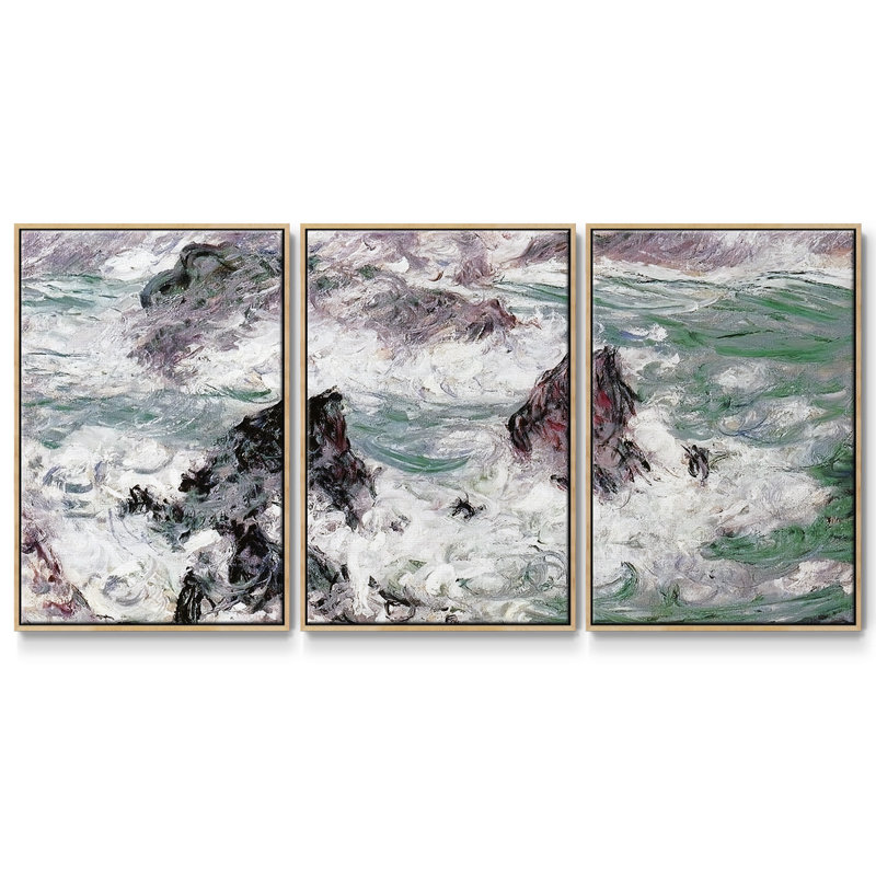 Tempête à la belle, reproduction sur toile 3 pièces, Encadré naturel, H 40 po x l 78 po