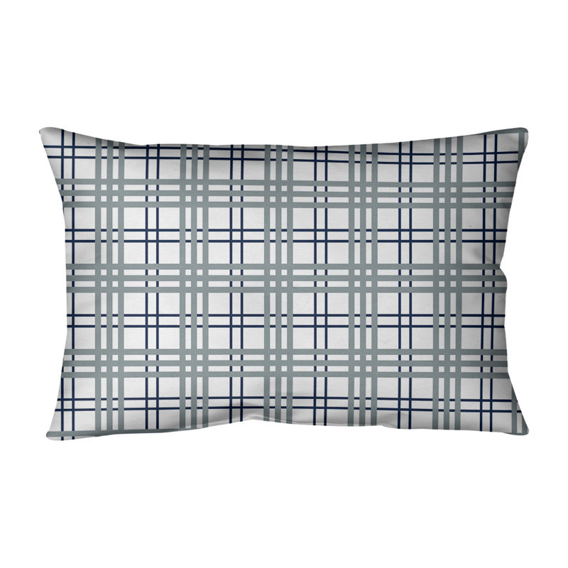 Plaid Leather/Suede Reversible Throw Pillow, White/Blue/Silver, Linen