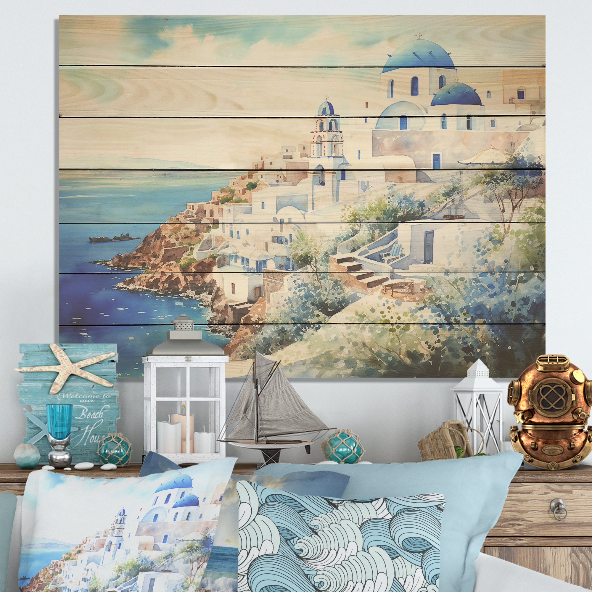 Ophelia & Co. Blue And White Greek Isles Village I Greece On Wood
