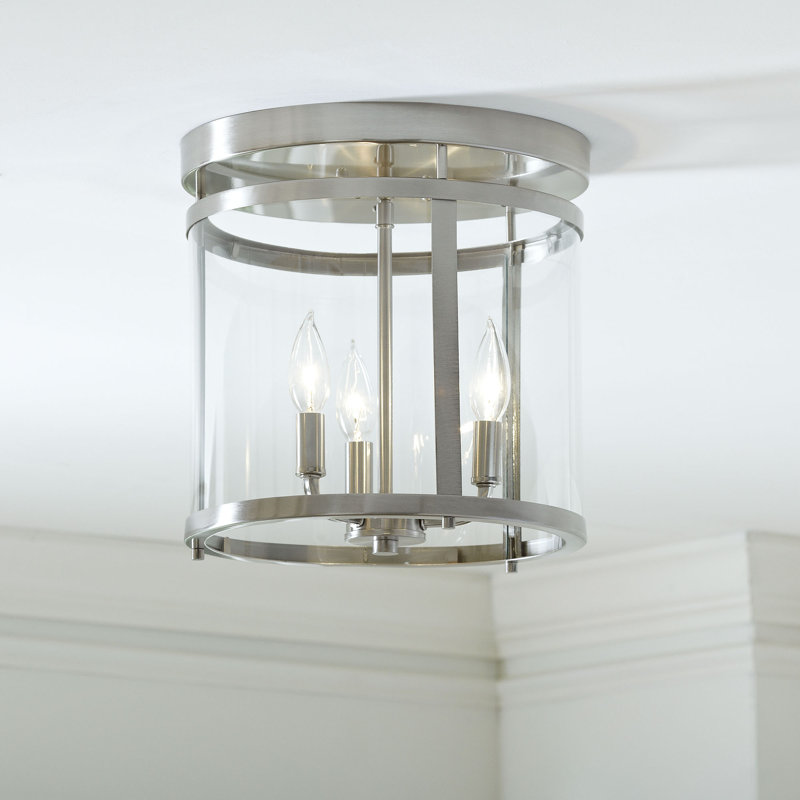 Ryne 3-Light 12.5" Lantern Cylinder Flush Mount in Satin Nickel, Satin Nickel