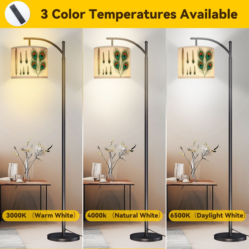 Arc Floor Lamp Peacock Feathers Botanical Vibrant Green Blue Eye Patterns Neutral Floor Lamps with Remote LED Lights Adjustable Lamp Shades Tall Standing Lamps for Reading Office Living Room