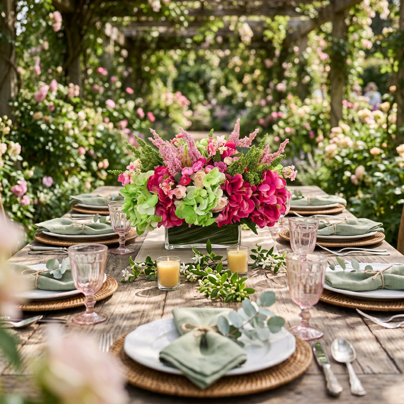 Hydrangea, Heather and Ranunculus Arranged in Rectangular Vase