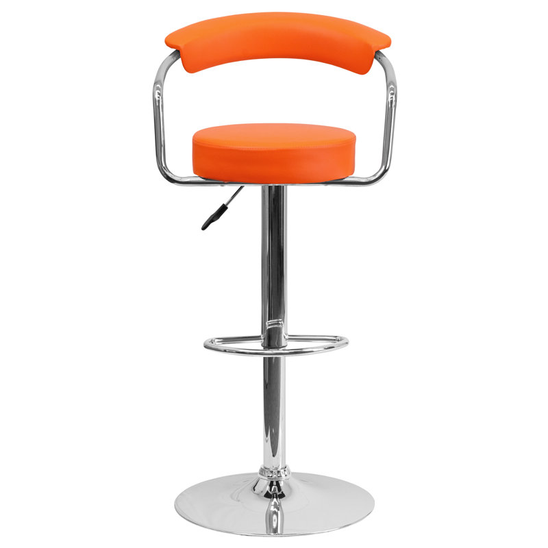Damian Contemporary Vinyl Adjustable Height Barstool with Arms and Chrome Base, Orange