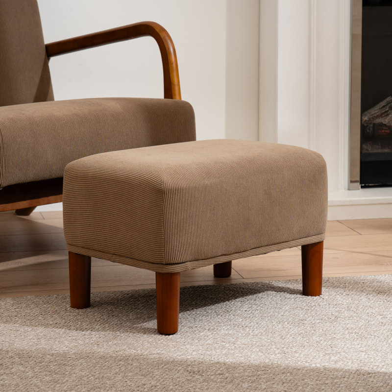 Cord Foot Stool, Beige, Dark Brown Wood