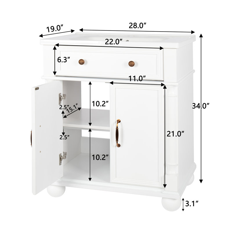 Meuble-lavabo de salle de bain avec lavabo, tiroir rabattable et poignées en métal, Blanc