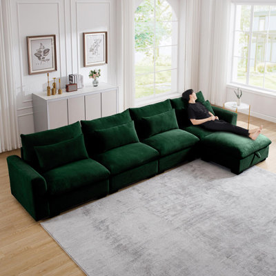 Grand canapé modulaire en velours côtelé en forme de L, canapé profond avec repose-pieds de rangement et 4 coussins de taille