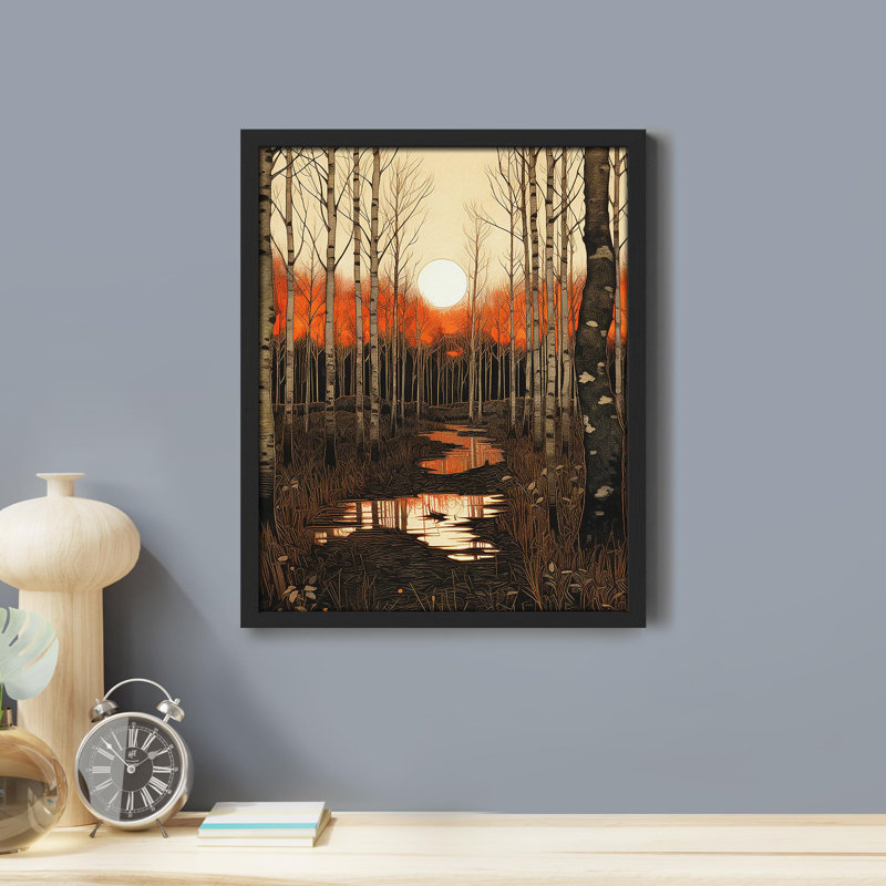 "Birch Tree Landscape Landscape Fall Forest Leaves" sur papier, Noir, H 14 po x l 11 po