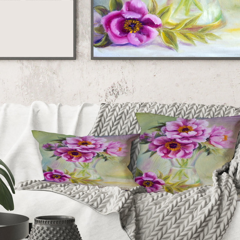 Housse et insert pour coussin décoratif pivoines dans un vase, 18" x 18"