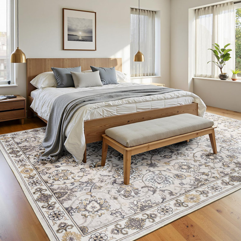 5'X7' Vintage Floral Washable Area Rugs Non Slip Low Pile Beige, Rectangle 5' x 7'