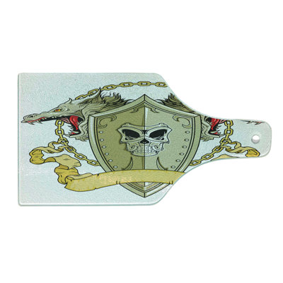 Ambesonne Yellow Tempered Glass Cutting Board Shield Dragon Medieval Yellow White