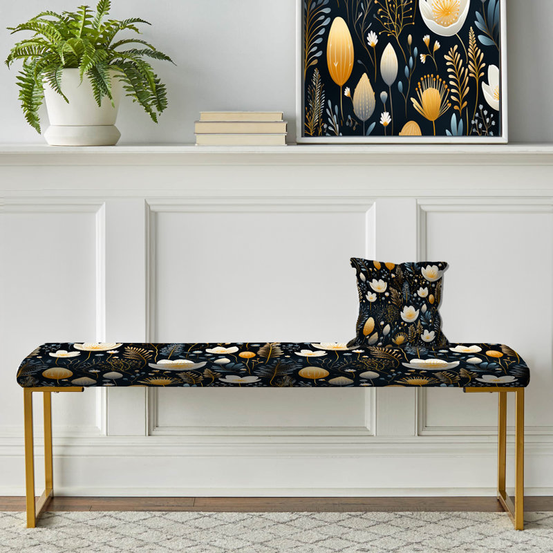 Botanical Upholstered Gold Bench, Coastal Serene Floral
