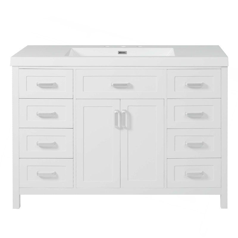 Meuble-lavabo 48 po avec lavabo, 2 portes et 8 tiroirs, système de fermeture en douceur, Blanc
