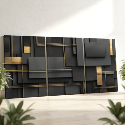 3 pièces d'art mural géométrique moderne avec des accents dorés, trois pièces d'art mural pour le salon, la chambre à coucher, le bureau et la maison, prêt à être accroché