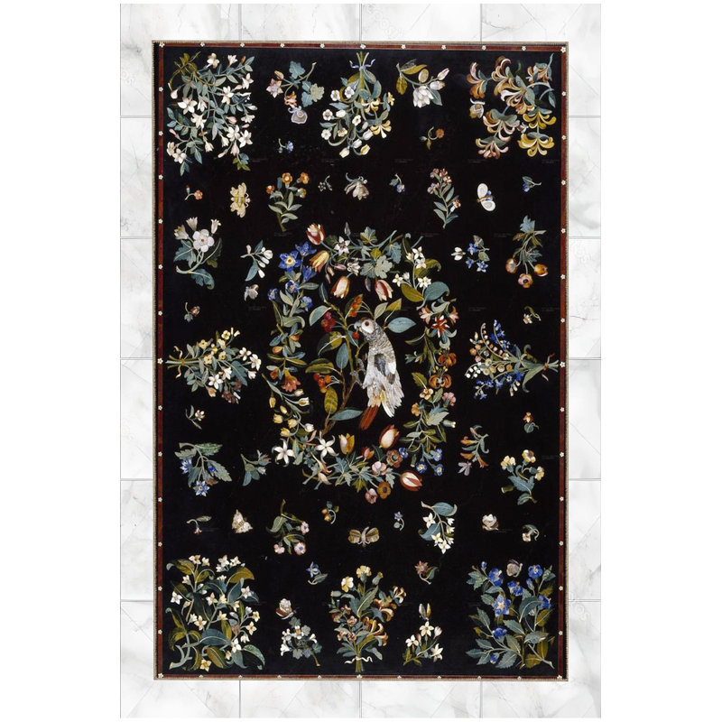 Tapis décoratif moderne multicolore noir à motif de fleurs et d'oiseaux, Sous-tapis rectangulaire de 3 pi 3 po x 4 pi 11 po