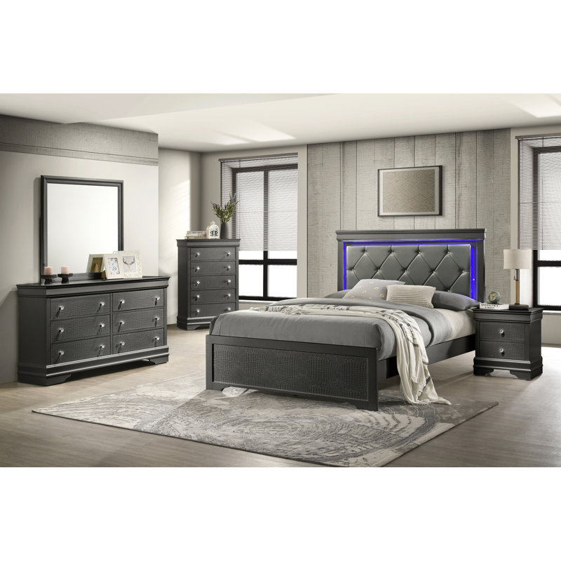 Lit double luxueux avec tête de lit tapissier et éclairage à DEL personnalisable dans un cadre gris métallique métallique