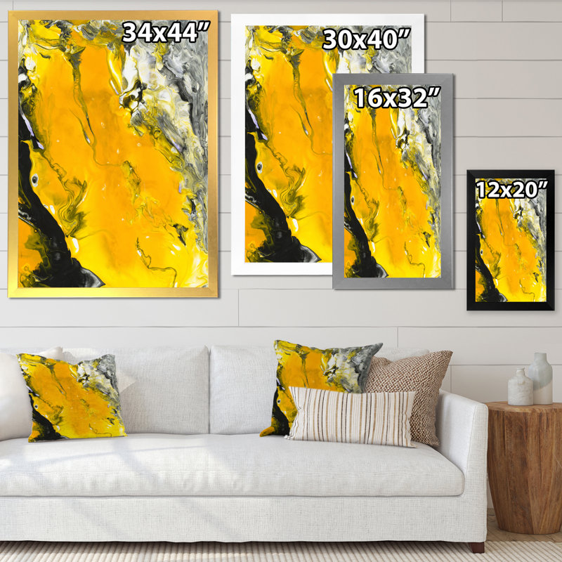 Jaune jaune, noir et blanc liquide Art VI - peinture sur toile, Cadre de coin argenté fermé, H 32 po x l 24 po x P 1 po