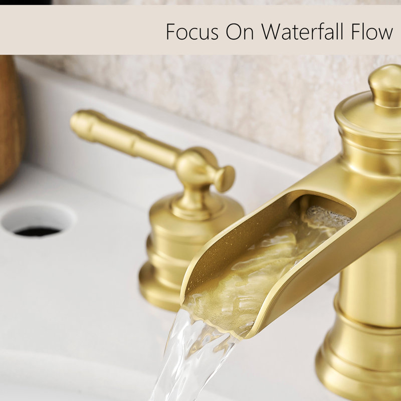 Bathroom Faucet 8 Inch Widespread, 3 Hole Basin Mixer Tap In Brushed Gold, Double Lever Handle, Ceramic Cartridge, Side , Deck-Mounted Gold Widespread Faucet, Sink With Hose, Installation