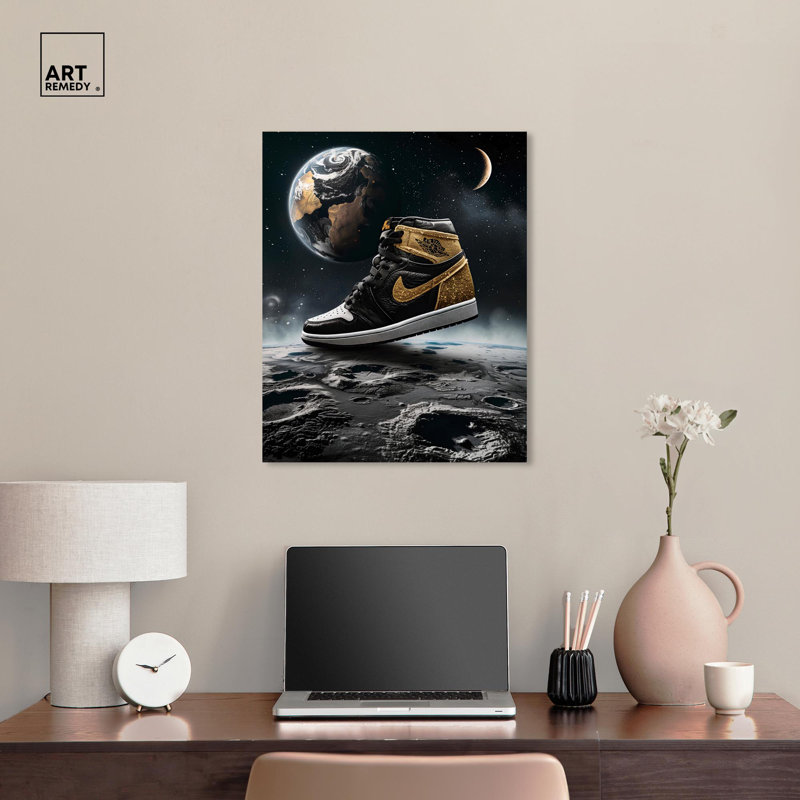 Black Astronomy & Space Sneaker Canvas Print with Pine Wood Frame