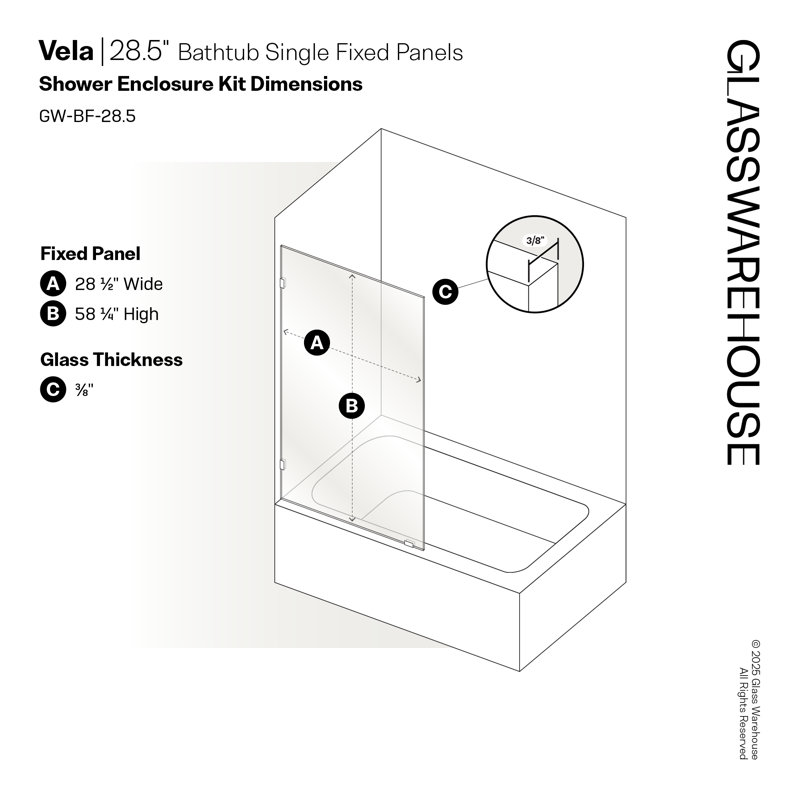 Vela 28.5 in. x 58.25 in. Frameless Single Fixed Bath Panel, Brushed Nickel