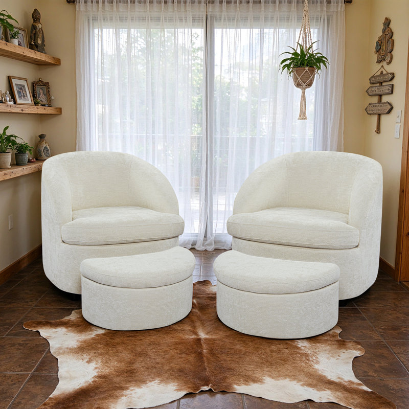 Fauteuil lounge tonneau en chenille haut de gamme avec repose-pieds de rangement, Beige