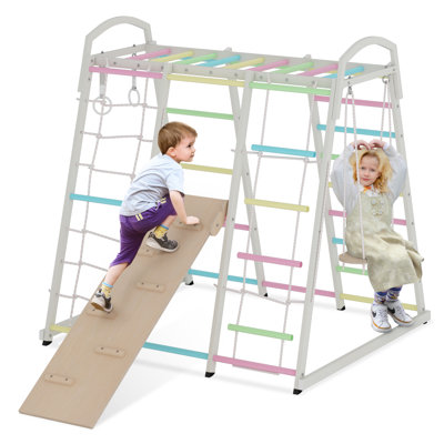 VEVOR Indoor Wooden Jungle Gym For Kids, 8 In 1 Playset With Slide, Swing, Monkey Bars, Gym Rings, Ladders, Climbing Net Color SX20211008 - Best Buy - View #10