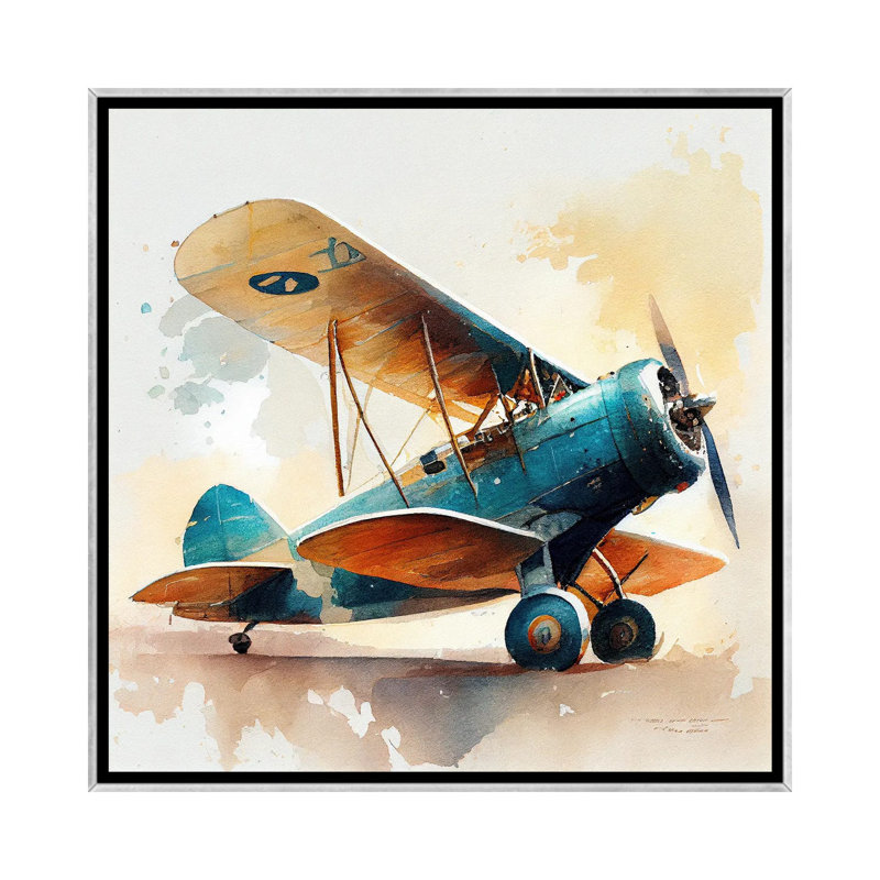 Aquarelle, avion rétro I, Toile argentée avec cadre flottant, H 37 po x l 37 po x P 1,5 po
