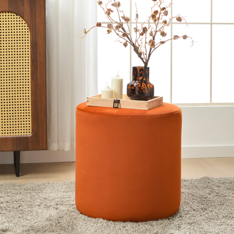 Brynnen 18'' Wide Modern Round Upholstered Ottoman, Orange Velvet