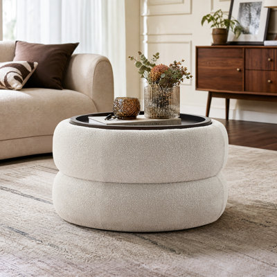 Upholstered Round Storage Ottoman with Wooden Tray