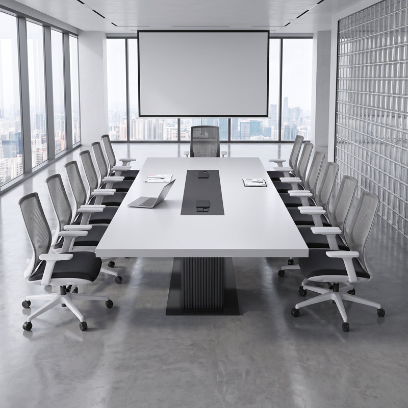 Table de conférence moderne de 118 pouces, table de conférence de bureau avec deux prises de courant intégrées, ports USB-A et USB-C, gestion des câbles, table de salle de conférence.