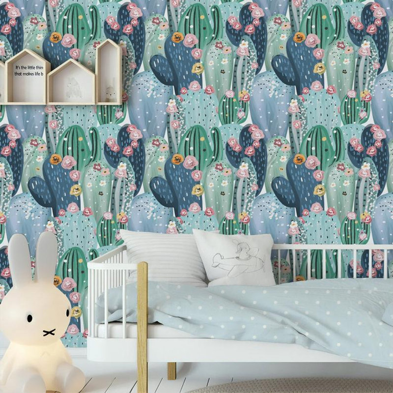 Papier peint amovible floral avec fleurs roses et cactus, L 9 po x l 15 po
