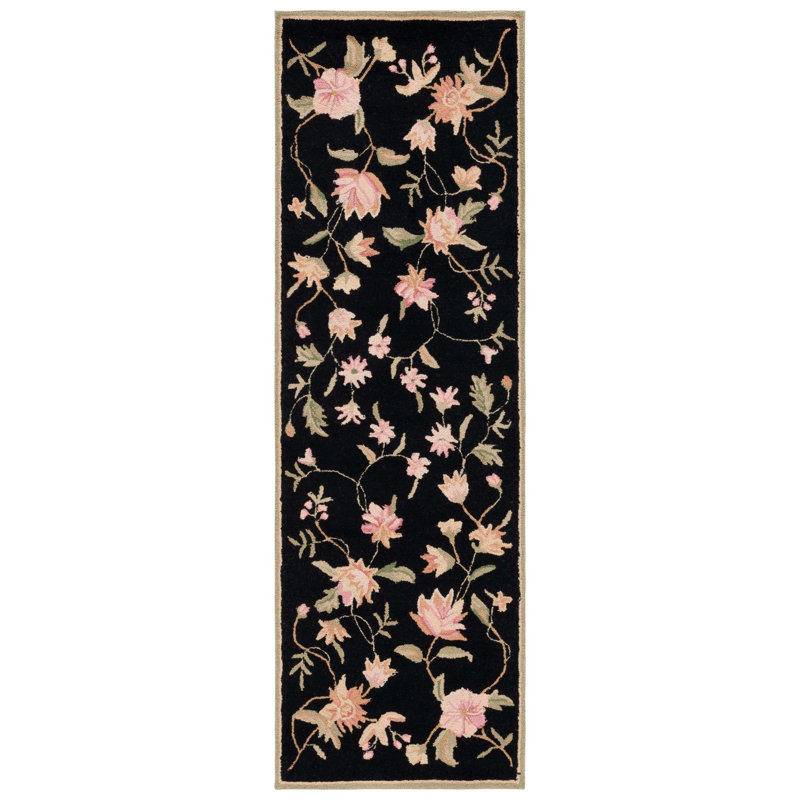 Kinchen Hand Hooked Wool Floral Rug, Runner 2'6" x 6', Black