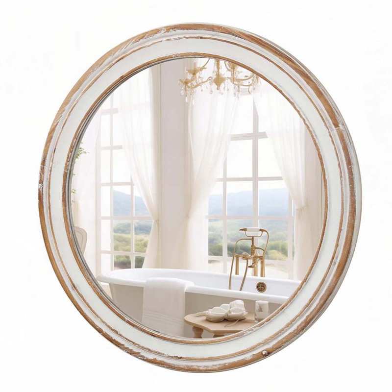 Wooden Farmhouse Round Wall Mirror, 27.56" x 27.56" 
