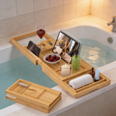 Foldable Bamboo Bathtub Caddy Tray & Expandable Bath Table With Wine Glass Holder & Tablet Stand For Relaxing Baths & Spa Nights