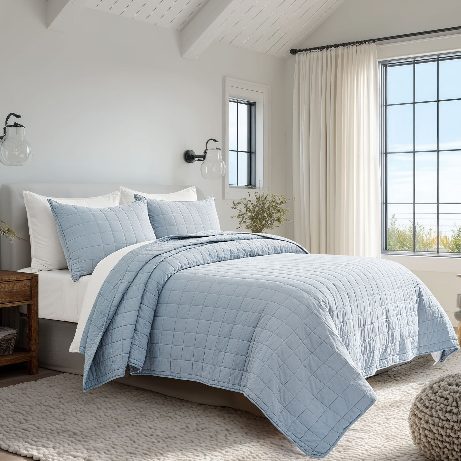 Cotton Quilt Set, King Quilt + 2 King Shams, Blue Linen