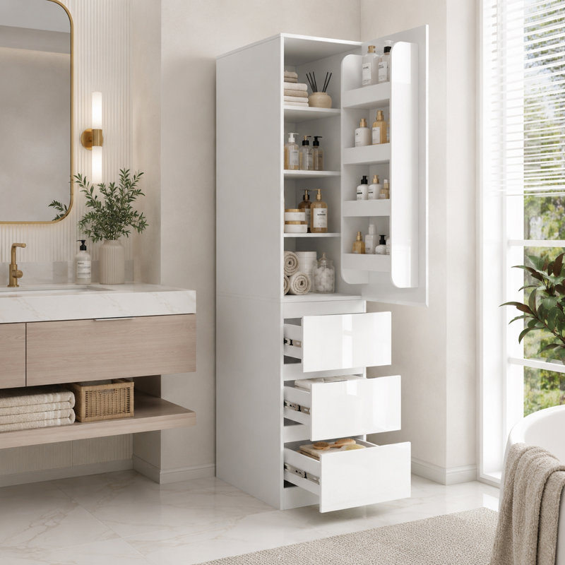 Bathroom Storage Cabinet With 3 Shelves,4 Door Shelves,3 Smooth-Gliding Drawers
