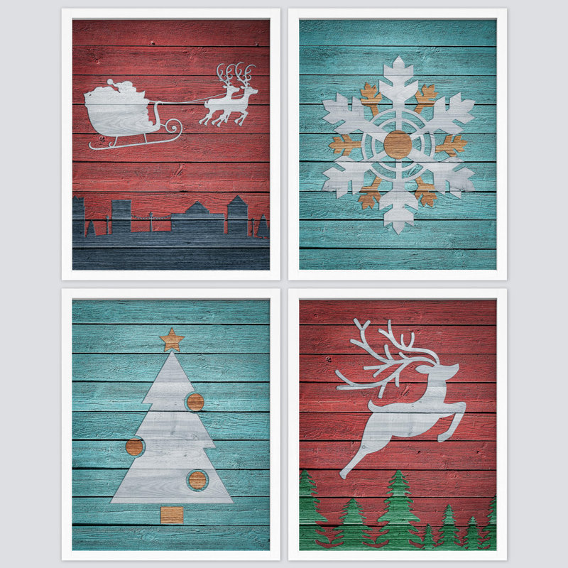 «Red and Teal Winter Christmas Tree Snowflakes», impression encadrée sur papier, 4 pièces, H 10 po x l 8 po, Blanc