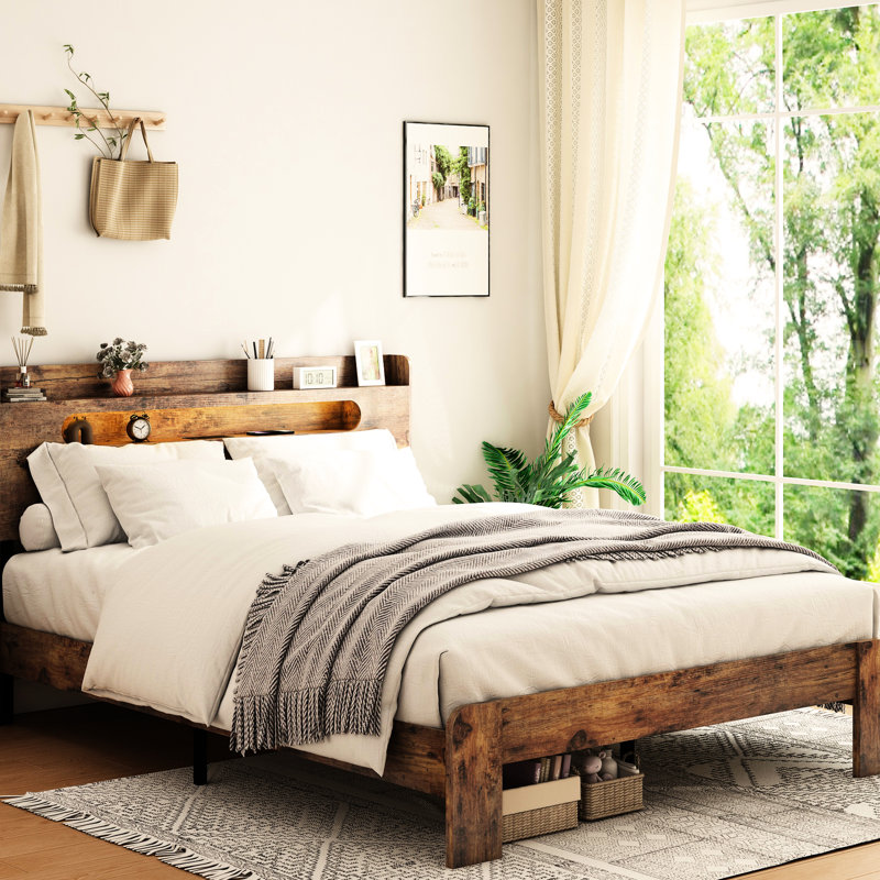 Structure de lit plateforme en bois avec tête de lit à DEL avec rangement et 2 ports USB, silencieux, aucun sommier nécessaire et outil d'assemblage facile, grand rangement sous le lit